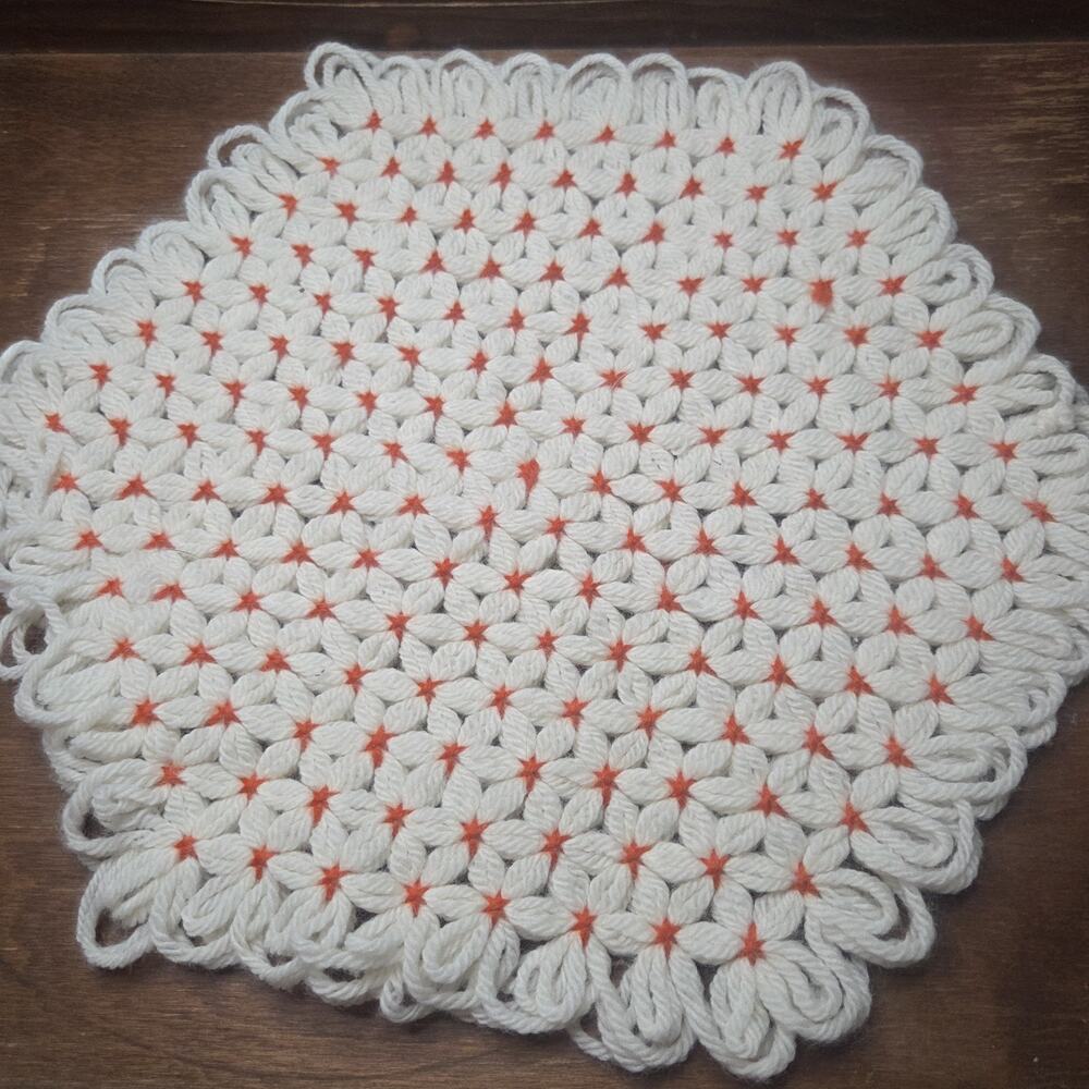 Loom yarn Hot Pad, Trivet - Orange White hexagon 12 Inches Cottagecore Retro